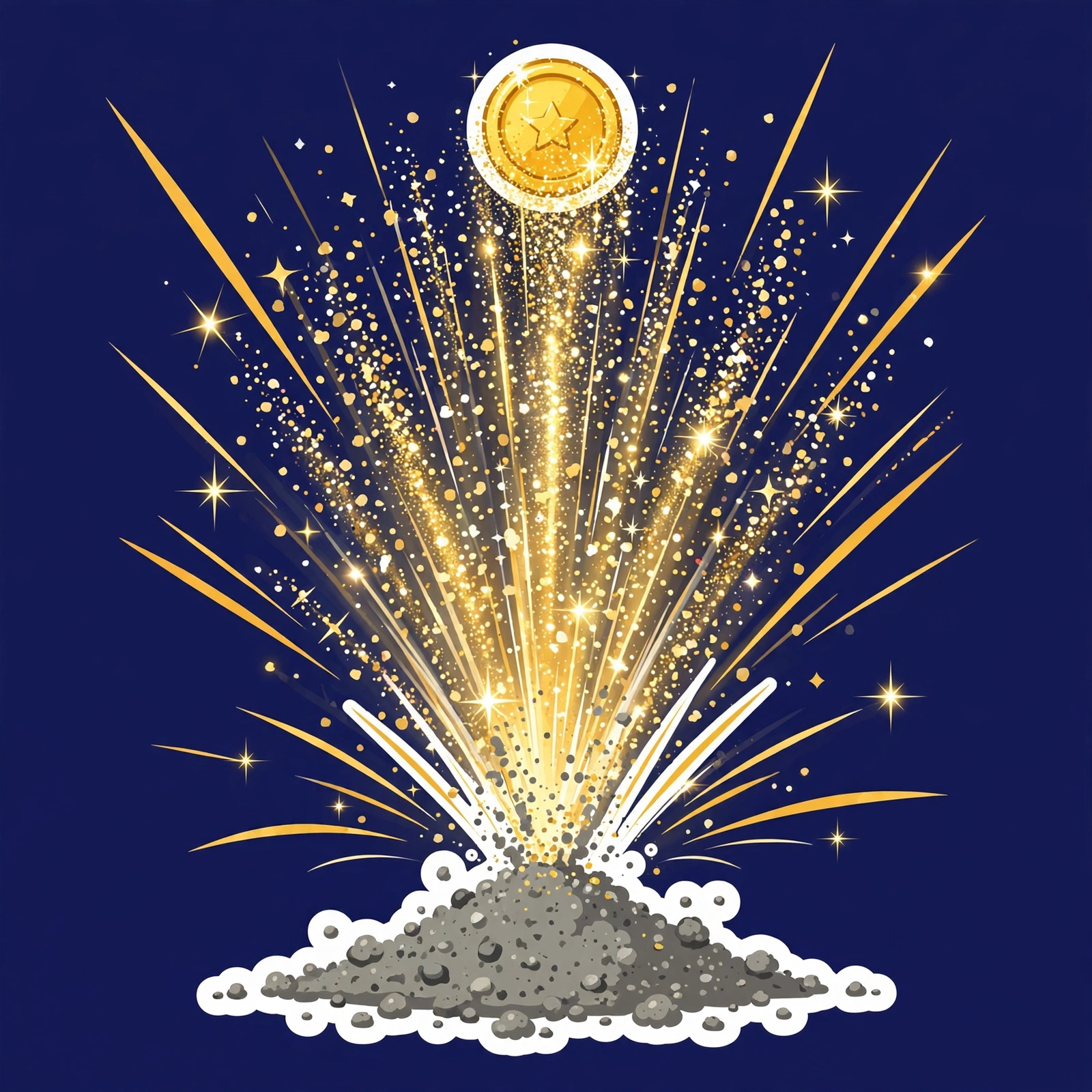 A pile of gold dust erupting into a burst of coins — the DUST payoff moment